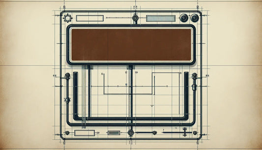 Rechteckiges braunes Verkehrsschild in technischer Linienzeichnung auf hellem Hintergrund mit gelbem Schraubenakzent