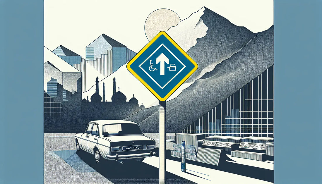 Diamantförmiges Verkehrsschild in Blau auf weisser Fläche mit gelbem Akzent als technische Skizze