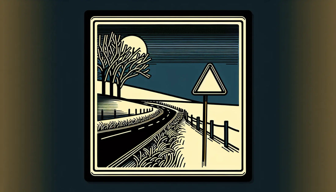 Dreieckiges Verkehrsschild in Blau auf weisser Landstrasse mit gelbem Akzent als technische Skizze