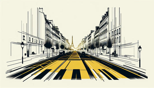 Französische Straße mit gelber gestrichelter Linie auf hellem Hintergrund als technische Zeichnung