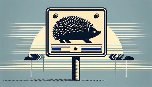 Technisch gezeichnetes Verkehrsschild mit Igel-Silhouette in Blau Grau mit schwarzer Kontur auf weissem Hintergrund