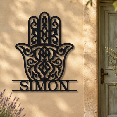 Main de Hamsa – plaque en acier personnalisée « Simon » sur la façade de la maison – Steelmonks