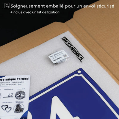 Plaque de maison style émaillé bleu, emballage soigné pour l'expédition · Steelmonks