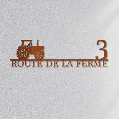 Plaque de rue avec tracteur « Route de la Ferme 3 » en acier corten