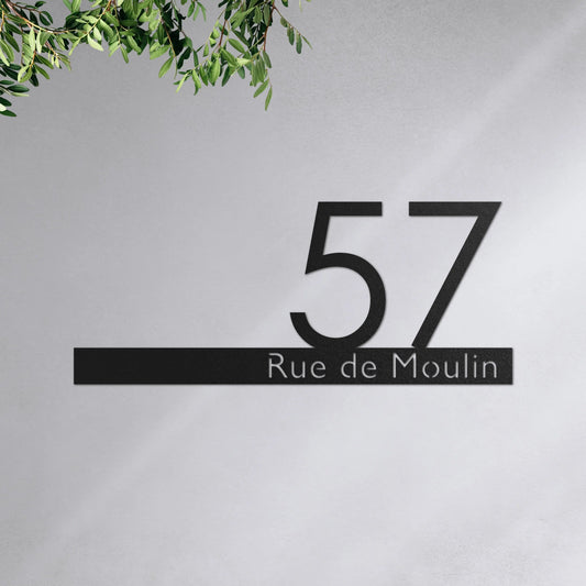 Plaque de rue personnalisée – design Rue et numéro, acier découpé au laser · Steelmonks