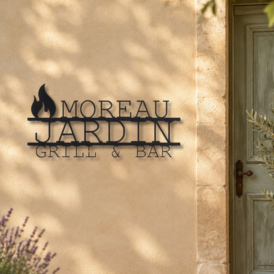 Plaque moderne de jardin et barbecue – plaque en acier personnalisée sur la façade de la maison – Steelmonks