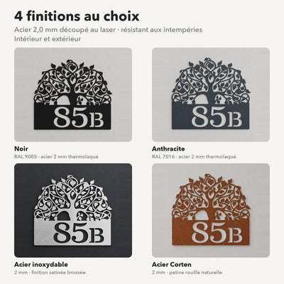 Numéro de maison personnalisé – design Arbre de vie, 4 finitions : noir, anthracite, inox, Corten · Steelmonks