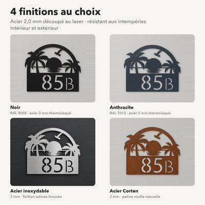 Numéro de maison personnalisé – design Coucher de soleil, 4 finitions : noir, anthracite, inox, Corten · Steelmonks
