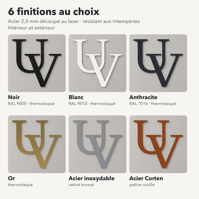Monogramme personnalisé en métal – design 2 lettres classiques, 6 finitions : noir, blanc, anthracite, or, inox, Corten · Steelmonks