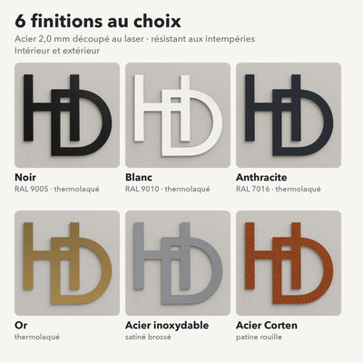 Monogramme personnalisé en métal – design 2 lettres modernes, 6 finitions : noir, blanc, anthracite, or, inox, Corten · Steelmonks