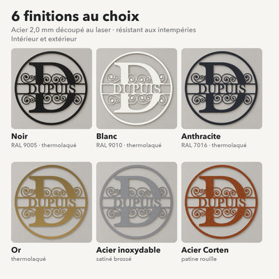 Monogramme personnalisé en métal – design Cercle, 6 finitions : noir, blanc, anthracite, or, inox, Corten · Steelmonks