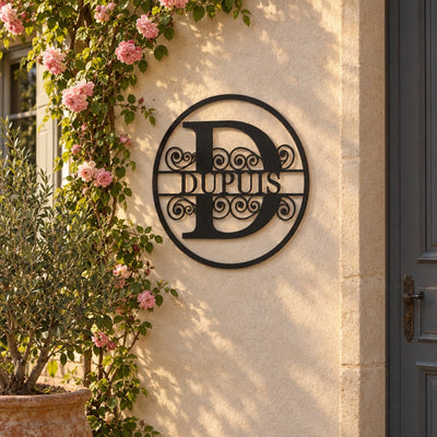 Monogramme personnalisé en métal – design Cercle sur une façade, à côté de la porte d'entrée · Steelmonks