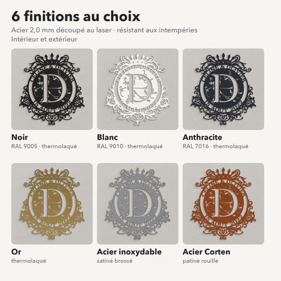 Monogramme personnalisé en métal – design Couronne, 6 finitions : noir, blanc, anthracite, or, inox, Corten · Steelmonks