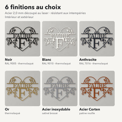 Monogramme personnalisé en métal – design Cœur, 6 finitions : noir, blanc, anthracite, or, inox, Corten · Steelmonks