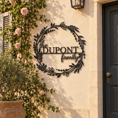 Monogramme personnalisé en métal – design Famille sur une façade, à côté de la porte d'entrée · Steelmonks