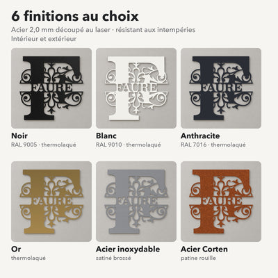 Monogramme personnalisé en métal – design Fleur pleine, 6 finitions : noir, blanc, anthracite, or, inox, Corten · Steelmonks