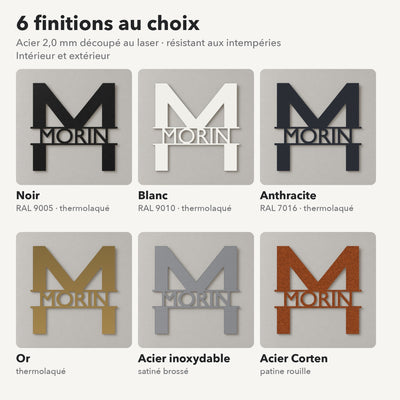 Monogramme personnalisé en métal – design Lettres modernes, 6 finitions : noir, blanc, anthracite, or, inox, Corten · Steelmonks