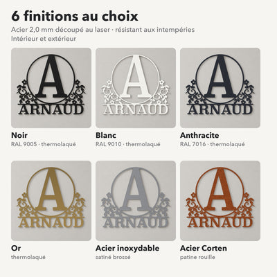 Monogramme personnalisé en métal – design Moderne, 6 finitions : noir, blanc, anthracite, or, inox, Corten · Steelmonks