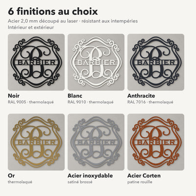 Monogramme personnalisé en métal – design Ovale, 6 finitions : noir, blanc, anthracite, or, inox, Corten · Steelmonks