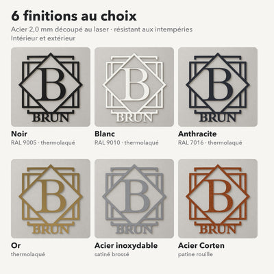 Monogramme personnalisé en métal – design Plaque filigrane, 6 finitions : noir, blanc, anthracite, or, inox, Corten · Steelmonks