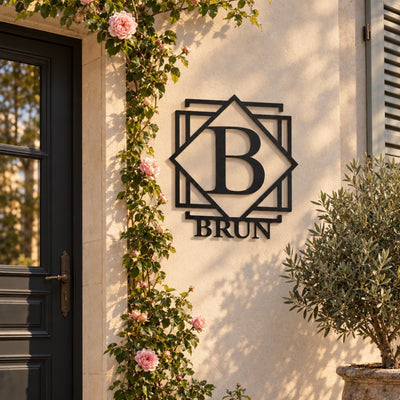 Monogramme personnalisé en métal – design Plaque filigrane sur une façade, à côté de la porte d'entrée · Steelmonks