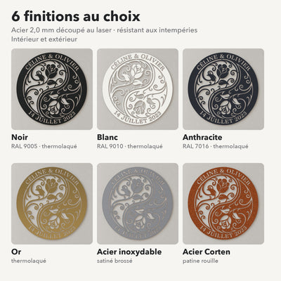 Monogramme personnalisé en métal pour le jardin – design Rose, 6 finitions : noir, blanc, anthracite, or, inox, Corten · Steelmonks