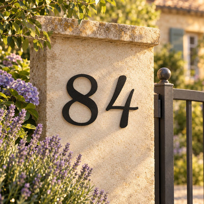 Numéro de maison personnalisé – design Courbé sur un pilier de portail en pierre · Steelmonks