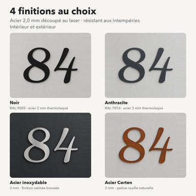Numéro de maison personnalisé – design Courbé, 4 finitions : noir, anthracite, inox, Corten · Steelmonks