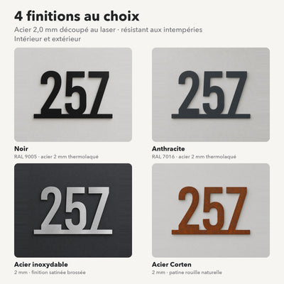 Numéro de maison personnalisé, 4 finitions : noir, anthracite, inox, Corten · Steelmonks
