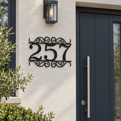 Numéro de maison personnalisé – design Décoré, acier découpé au laser, à côté de la porte d'entrée · Steelmonks