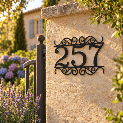 Numéro de maison personnalisé – design Décoré sur un pilier de portail en pierre · Steelmonks