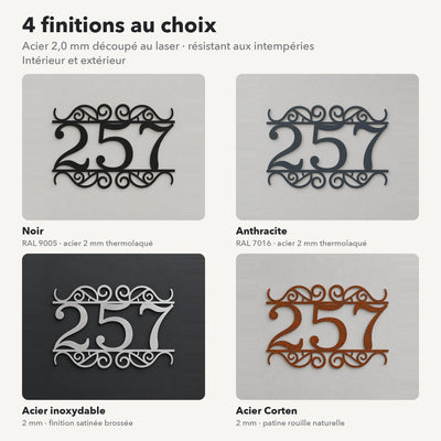 Numéro de maison personnalisé – design Décoré, 4 finitions : noir, anthracite, inox, Corten · Steelmonks