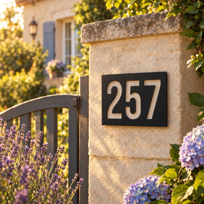 Numéro de maison personnalisé – design Moderne sur un pilier de portail en pierre · Steelmonks
