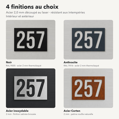 Numéro de maison personnalisé – design Moderne, 4 finitions : noir, anthracite, inox, Corten · Steelmonks