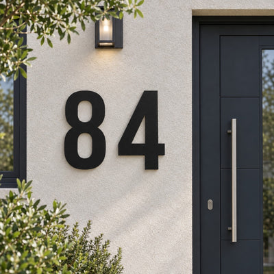 Numéro de maison personnalisé – design Osé, acier découpé au laser, à côté de la porte d'entrée · Steelmonks