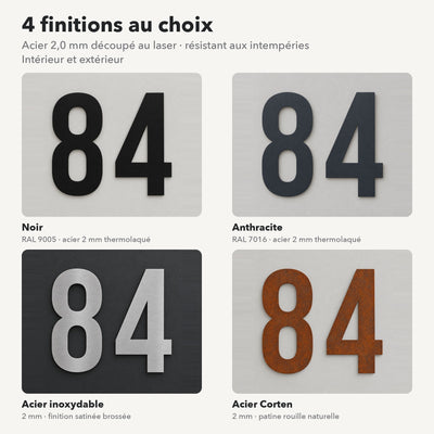 Numéro de maison personnalisé – design Osé, 4 finitions : noir, anthracite, inox, Corten · Steelmonks