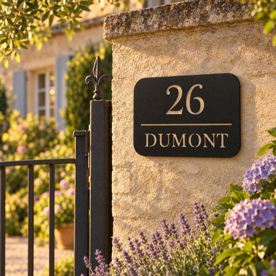 Plaque numéro et nom personnalisée – design Ligne sur un pilier de portail en pierre · Steelmonks
