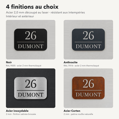 Plaque numéro et nom personnalisée – design Ligne, 4 finitions : noir, anthracite, inox, Corten · Steelmonks