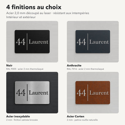 Plaque numéro et nom personnalisée – design Moderne, 4 finitions : noir, anthracite, inox, Corten · Steelmonks