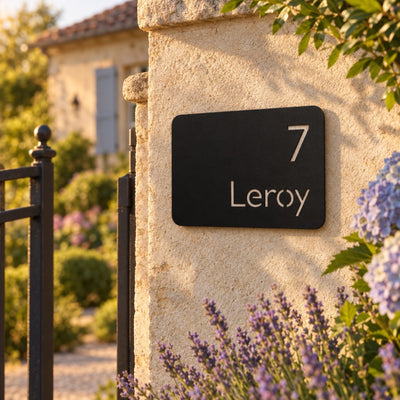 Plaque numéro et nom personnalisée – design Moderne sur un pilier de portail en pierre · Steelmonks