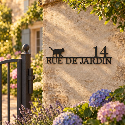Plaque de rue personnalisée – design Chat sur un mur de jardin en pierre · Steelmonks