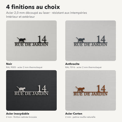 Plaque de rue personnalisée – design Chat, 4 finitions : noir, anthracite, inox, Corten · Steelmonks
