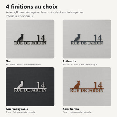 Plaque de rue personnalisée – design Chien, 4 finitions : noir, anthracite, inox, Corten · Steelmonks