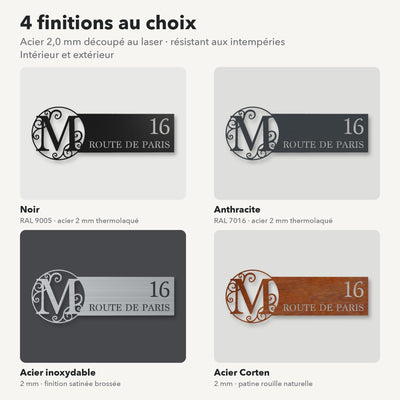 Plaque de rue avec monogramme personnalisée, 4 finitions : noir, anthracite, inox, Corten · Steelmonks