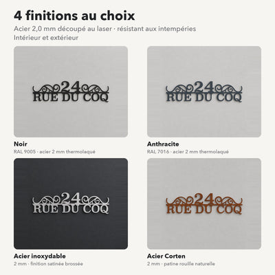 Plaque de rue personnalisée – design Classique, 4 finitions : noir, anthracite, inox, Corten · Steelmonks