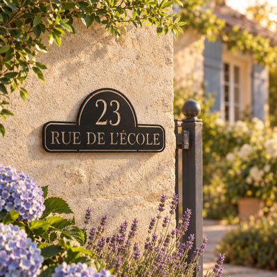 Plaque de rue personnalisée – design Rétro vintage sur un mur de jardin en pierre · Steelmonks