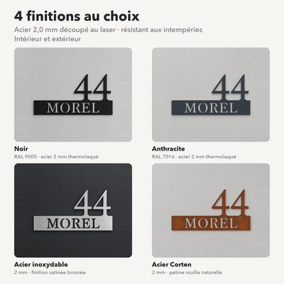 Plaque numéro et nom personnalisée – design Numéro et nom, 4 finitions : noir, anthracite, inox, Corten · Steelmonks