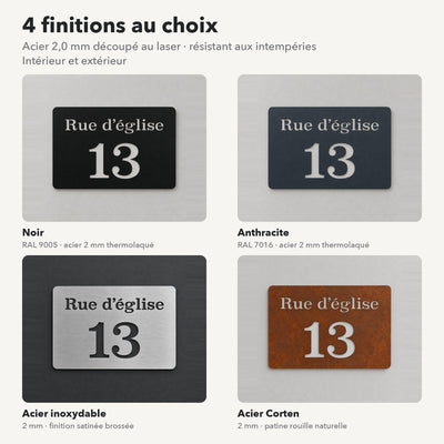 Plaque rue et numéro personnalisée, 4 finitions : noir, anthracite, inox, Corten · Steelmonks
