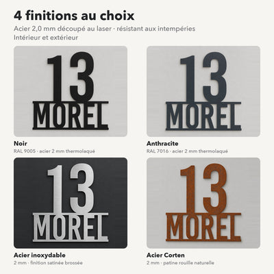 Plaque numéro et nom personnalisée – design Un fier numéro sur un nom, 4 finitions : noir, anthracite, inox, Corten · Steelmonks