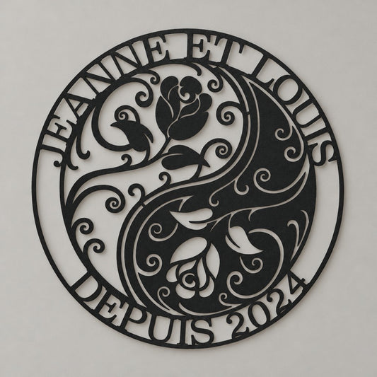 Monogramme personnalisé en métal – design Roses Yin et Yang, acier découpé au laser · Steelmonks